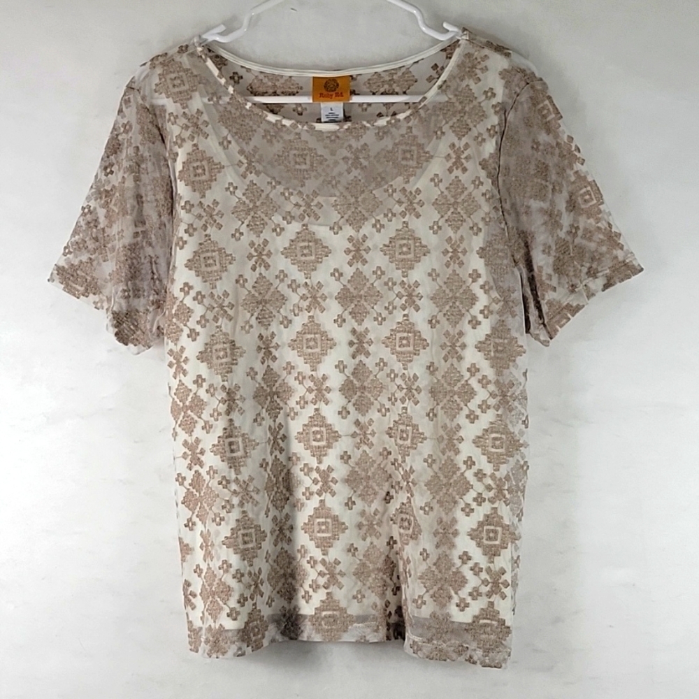 Ruby Rd. Two Peice Beige and White Semi Sheer Lace Short Sleeve  Size L